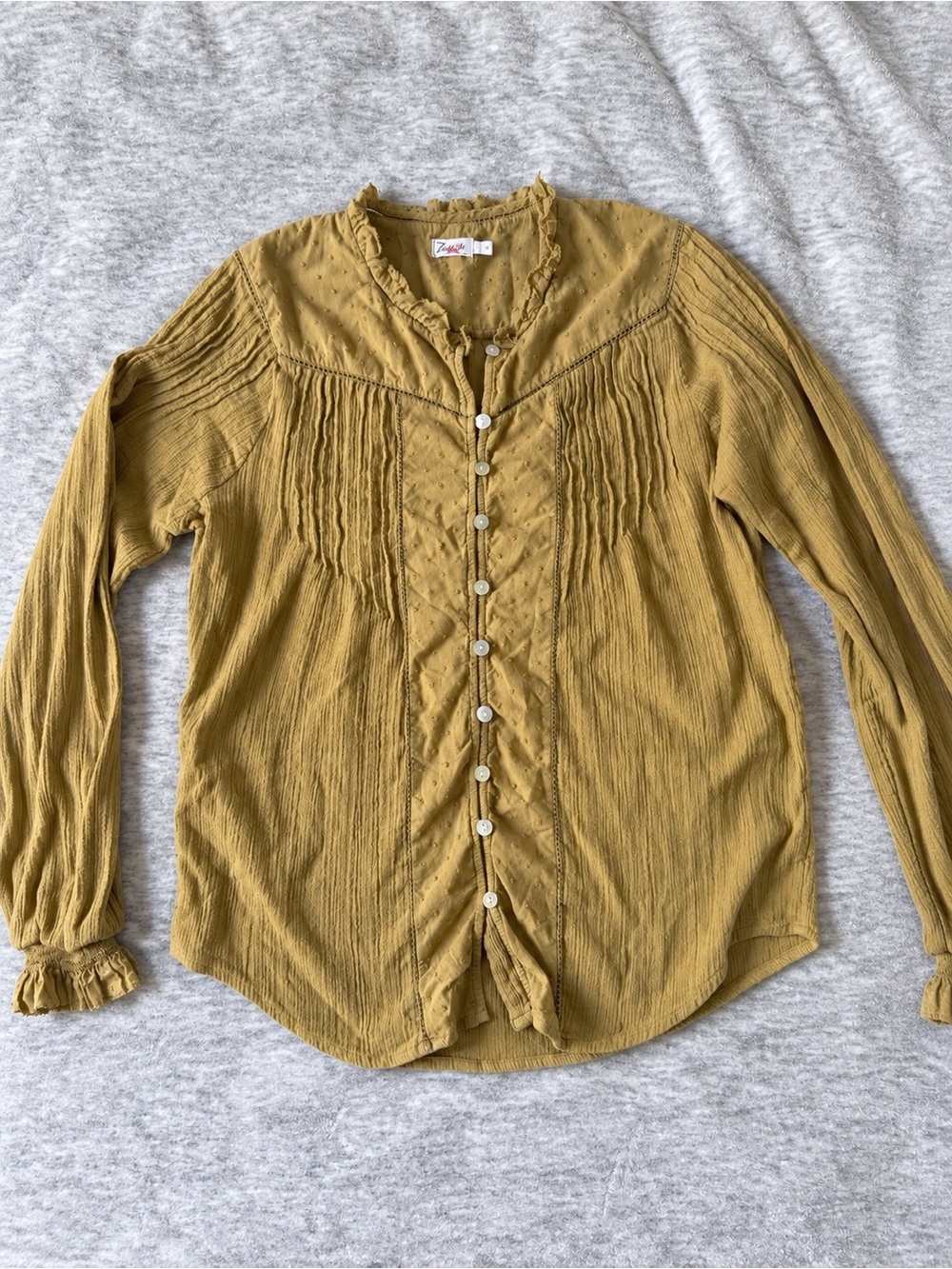 Faherty Willa Top S Organic Cotton Pintuck Ruffle Boho Blouse Mustard